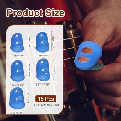 PATIKIL 15Pcs Finger Tip Covers Cots, 5 Size Silicone Finger Protectors Gloves Breathable Reusable Fingertip Caps for Hand Sewing Page Turning Guitar Playing, Dark Blue