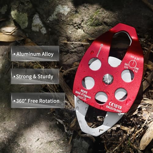NewDoar 30 KN CE Certified Large Rescue Pulley Single/Double Sheave with Swing Plate - color: Double Pulley - Red 2pcs