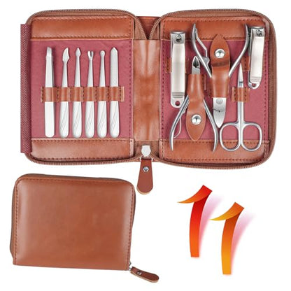 Manicure Set 11 in 1 Stainless Steel Nail Clippers for Men，Manicure Kit for Women，Nail Grooming Kit，Nail Clipper Set，Personal Care Tools - color: Brown