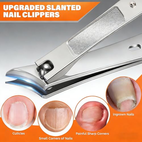 Heavy Duty Toe Nail Clippers for Men Angled Head for Seniors Thick Toenails | Toenail Clippers Stainless Steel Wide Jaws Opening Ergonomic Non-Slip Long Handle Nail Clippers Set（Silver） - color: A-3pc-silver