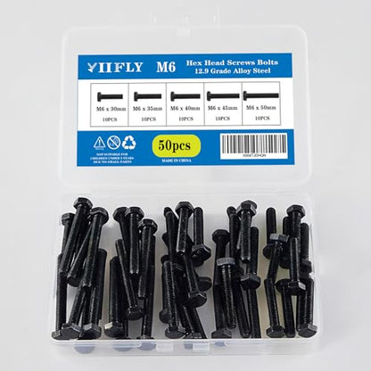 M6-1.0 Hex Head Screw Bolts - 30/35/40/45/50mm Length Kit, 12.9 Grade Alloy Steel, Hexagon Head Bolts, Black Oxide Finish, Full Thread,Quantity 50-Piece Set - size: 12.9-Hex-M6-30-50mm