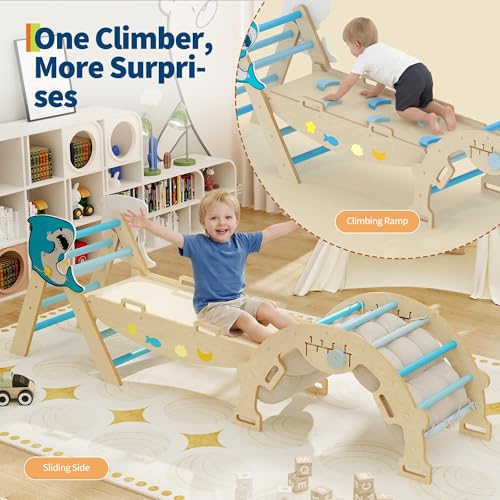 OUTLANE Pikler Triangle Set, 7-in-1 Foldable Wooden Toddler Climbing Toys Indoor, Jungle Gym for Toddlers, Large Montessori Climbing Set with Reversible Slide, Arch Ramp, Ladder & Cushion (Blue) - color: Blue