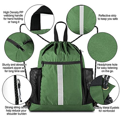 BeeGreen Green Drawstring Bag Gym Cinch Backpack w Shoe Compartment and Two Side Pockets Machine Washable Sports Sinch Sack String Sackpack for Swim Equipment Beach Travel - color: Green, style: Drawstring With Shoe Compartment