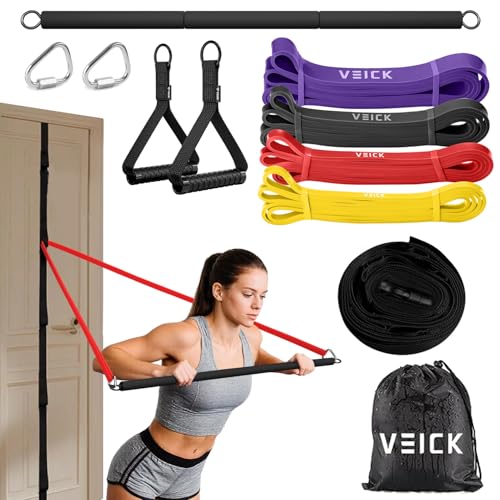 VEICK Pull Up Resistance Bands Set, Heavy Stretch Workout Bands, Fitness Assistance Bands for Men Women, Portable Exercise Equipment for Home Gym Office Travel - color: Colorful Set of 4 + Pilates Bar