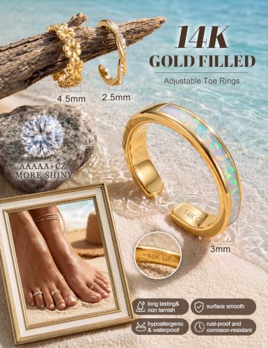 FIASASO 3Pcs Gold Filled Toe Rings for Women Non Tarnish 14K Gold Filled Toe Ring Adjustable Flower Cz Dainty Toe Ring Summer Beach Open Toe Rings Set Toe Jewelry Foot Jewelry - color: 14K Gold Filled opal