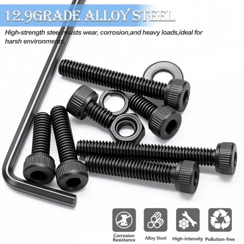 mxuteuk 521PCS M4 Screws Assortment Kit,M4×6/8/12/16/20/30mm 6 Size Hex Socket Head Cap Bolts, Nuts & Washers Set,12.9 Grade Alloy Steel Black Zinc M4 Bolts for Mechanical, Repair & DIY