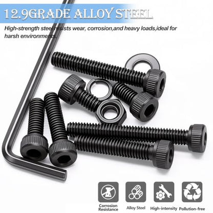 mxuteuk 521PCS M4 Screws Assortment Kit,M4×6/8/12/16/20/30mm 6 Size Hex Socket Head Cap Bolts, Nuts & Washers Set,12.9 Grade Alloy Steel Black Zinc M4 Bolts for Mechanical, Repair & DIY