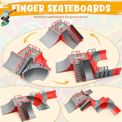 Fingerboard Skate Park Kit — 18 in 1 Finger Skateboard Toys with 13 Ramps 3 Mini Fingerboards Skateshoes & Mini Bikes, Extra Large Ultimate Training Props Interactive Game for Adults Kids 6+