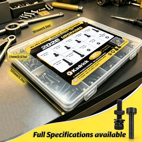 Kadrick M4 Screws Kit 365PCS, Optimized Socket Head Cap Screws Assortment with Higher Screw Ratio, Class 12.9 Alloy Steel, Black Zinc Plated M4 Bolts for Mechanical, Repair & DIY Use - size: M4 365Pcs New