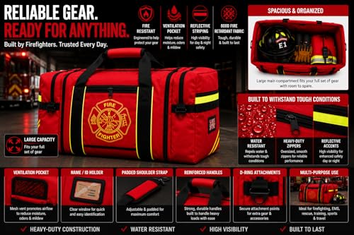Firefighter Turnout Gear Bag – Heavy Duty Fire Resistant Equipment Duffel with Ventilation Pocket, Reflective Striping, Name Holder & Padded Shoulder Strap – Fireman Gear Bag (Red)