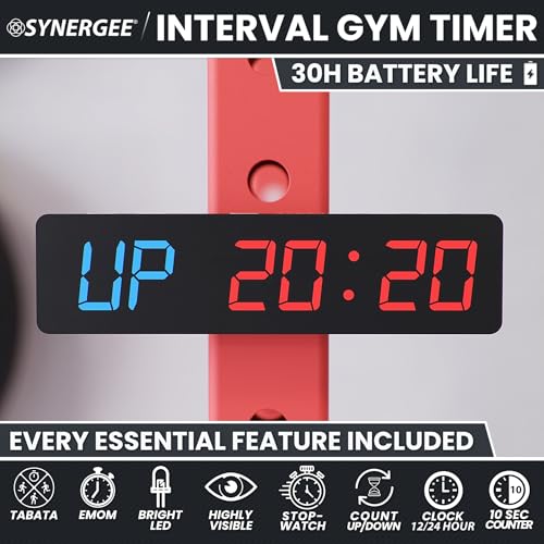 Synergee Magnetic Gym Timer Clock – Powerful Built-in Magnet, 30-Hour Battery Life, LED Display, Stopwatch, Tabata, EMOM & Interval Timer for Home Gym, Garage, or School Workouts
