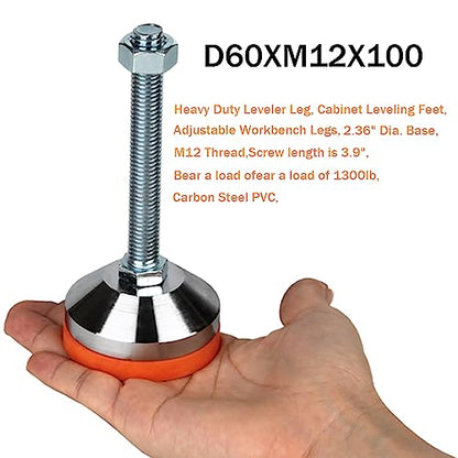 Heavy Duty Leveling Feet,M12 Thread,1300 lb Capacity,4 Pack | Stainless Steel Adjustable Leg Leveler for Shelving, Workbench, Machinery Devices ,2.36" Dia Base with Anti-Slip Nylon Pad - size: D60xM12x100,4 Pack