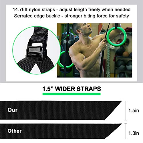 PACEARTH Gymnastic Rings 1100lbs Capacity with 14.76ft Adjustable Buckle Straps Pull Up Exercise Rings Non-Slip Rings for Home Gym Full Body Workout - color: Green