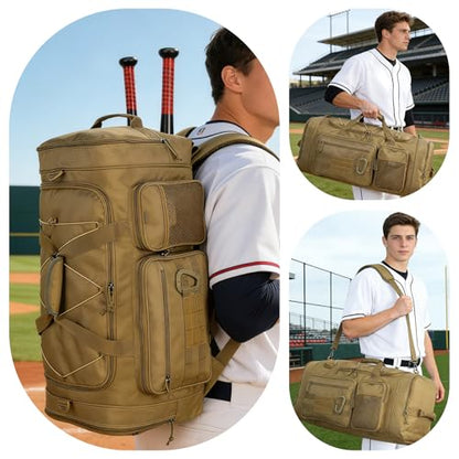 TUGUAN Large Baseball Softball Duffle Bag, 3 in 1 Baseball Equipment Duffel Backpack for Adult Youth, 65L Bat Bag with Shoes Compartment - 2 Bat Sleeves Fence Hook Hidden Dual Straps - color: Brown