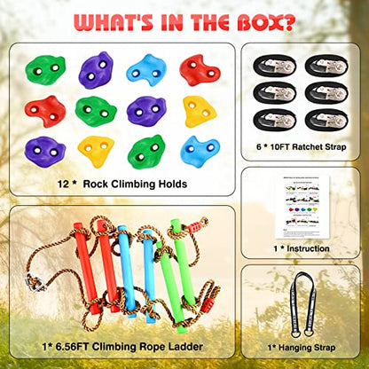 12 Ninja Tree Climbing Holds for Tree Climber, Tree Climbing Kit with 6.6FT Rope Ladder for Outdoor Ninja Warrior Obstacle Course Training - style: Rope Ladder+Tree Holds