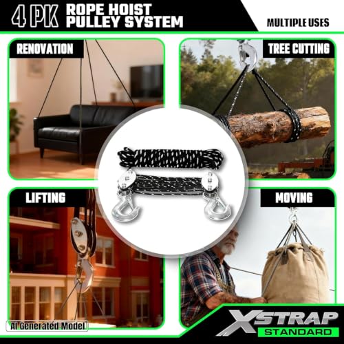 XSTRAP STANDARD Heavy-Duty 50 FT Reflective Rope Hoist Pulley System, Black | Metal Wheels Bearing 2000 LB Breaking Strength Block and Tackle Pulley System for Lifting Heavy Objects, with 2pcs Soft Loops - color: 50ft Black with Reflective Strips