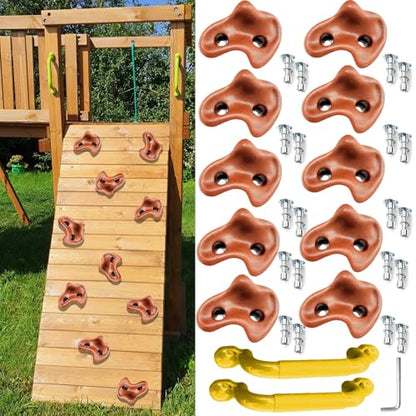 10 Rock Wall Climbing Holds Extra Large with 2 Handle,DIY Rock Climbing Grips with Mini Wrench for Indoor Outdoor Playground Play Set(Brown) - color: Brown
