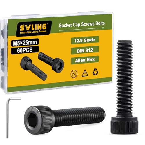 M5-0.8 x 25mm Bolt, 60PCS M5 Hex Socket Head Cap Screws Bolts, 12.9 Grade Alloy Steel, Full Threads, Allen Socket Drive, with Hex Spanner - size: M5x25mm