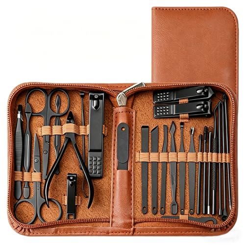 Premium 26-in-1 Manicure & Pedicure Kit – Stainless Steel Nail Clippers Set with Brown PU Leather Travel Case for Men & Women - color: Silver and White