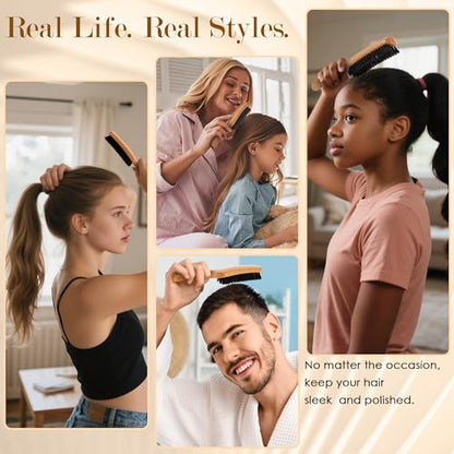 STYLEMATE Boar Bristle Slick Back Hair Brush for Women Men, Soft Bristles Hair Brush for Thin & Fine Hair, Natural Medium Hardness Smoothing Hairbrush for Polishing, Deepening & Styling - size: 1 Count (Beech)