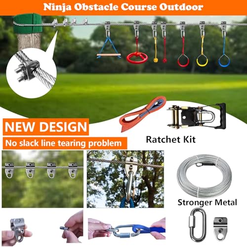 55FT Ninja Warrior Obstacle Course for Kids Backyard Outdoor | Stainless Steel Main Cable, 12 Ninja Training Children Toy Accessories, Monkey Bar, Climbing Net, Swing, CPSC Approval - size: 55FT 12Pcs