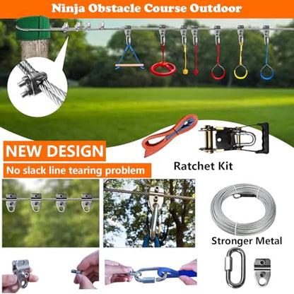 55FT Ninja Warrior Obstacle Course for Kids Backyard Outdoor | Stainless Steel Main Cable, 12 Ninja Training Children Toy Accessories, Monkey Bar, Climbing Net, Swing, CPSC Approval - size: 55FT 12Pcs