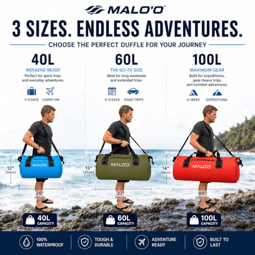 Malo’o Waterproof Dry Duffel, Heavy-Duty Roll Top Waterproof Gear Bag with Shoulder Strap & Molle Loops, Marine Duffel for Kayaking, Boating, Camping, Beach & Travel, Grey, 100L - color: Grey, size: 100L
