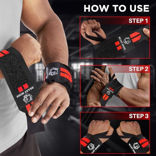 TECEUM Weightlifting 18" & 12" Wrist Wraps with Thumb Loop – Heavy Duty Wrist Workout Braces for Men and Women – Ideal for Powerlifting, Strength Training, Bodybuilding - color: Black and Red, style: 12" – Beast Mode