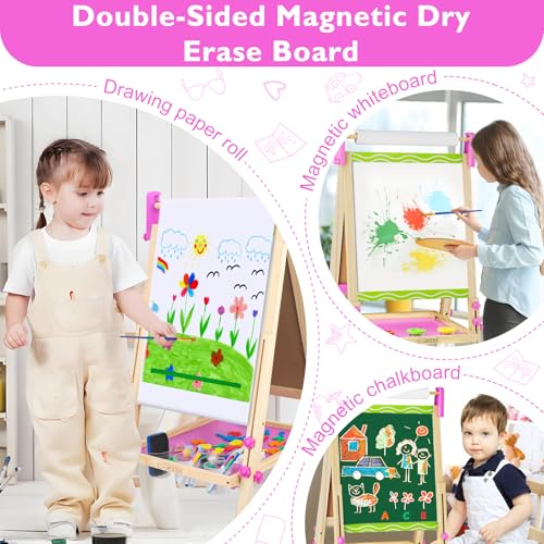 Adjustable Double-Sided Magnetic Wooden Easel for Kids with Paper Roll | Kids Easels,Dry Erase Whiteboard and Chalk Board,Eductional Learning Toys for 3 -10 Year Old Girl Boy Gifts - color: Green