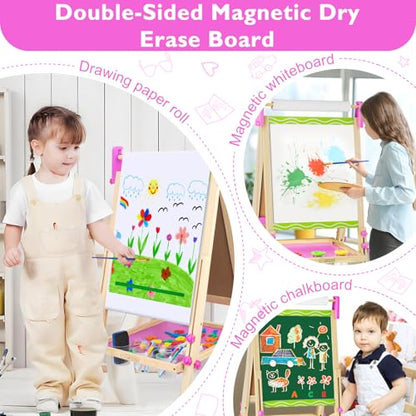 Adjustable Double-Sided Magnetic Wooden Easel for Kids with Paper Roll | Kids Easels,Dry Erase Whiteboard and Chalk Board,Eductional Learning Toys for 3 -10 Year Old Girl Boy Gifts - color: Green