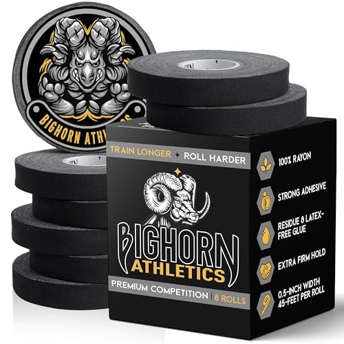 Bighorn Athletics BJJ Competition Finger Tape, 0.5" x 45ft, 8 Rolls, Black | Rayon finger tape – 50% stronger than cotton. Residue-free, sweat-proof adhesive for Jiu Jitsu competition & hard training. - color: Black, size: 0.5-Inch