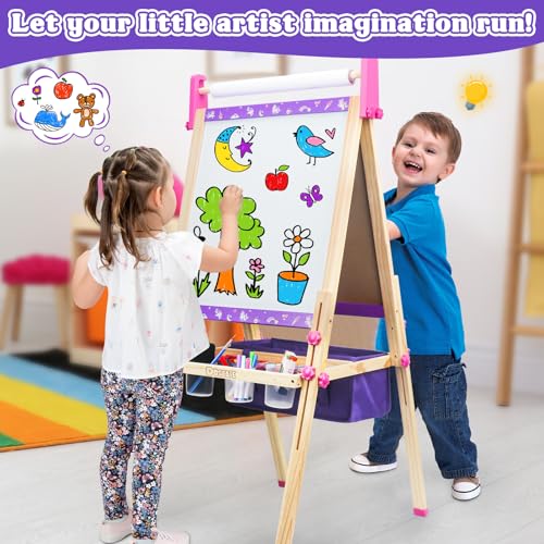 Wooden Art Easel for Kids,Double Sided Adjustable Magnetic Drawing Board | Kids Easel with Paper Roll,Whiteboard & Dry Erase Chalk Board,Toddler Easel for 4 -8 Year Old Boy Girl Birthday Gifts - color: Purple