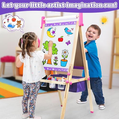 Wooden Art Easel for Kids,Double Sided Adjustable Magnetic Drawing Board | Kids Easel with Paper Roll,Whiteboard & Dry Erase Chalk Board,Toddler Easel for 4 -8 Year Old Boy Girl Birthday Gifts - color: Purple