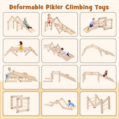 INFANS 12 in 1 Climbing Toys for Toddlers, Upgrade Wooden Montessori Foldable Triangle Climber Set with Reversible Ramp Slide Ladder Seesaw, Indoor Pikler Climb Activity Jungle for Kids Age 3+ - style: 12 in 1