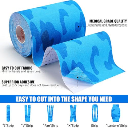 Wide Kinesiology Tape, 3 Pack, 4in x 5.5yd, Waterproof Blue Camo | Waterproof & Sweat-Resistant, Breathable Latex-Free Cotton, For Shoulder, Knee, Fit Sports, Workouts & Active Training - color: Blue 4in