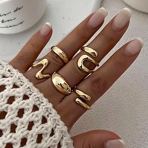 YEEZII Chunky Gold Rings for Women Non Tarnish, 18K Gold Plated Stackable Thumb Ring, Statement Women Rings Set - color: Gold-B-14k