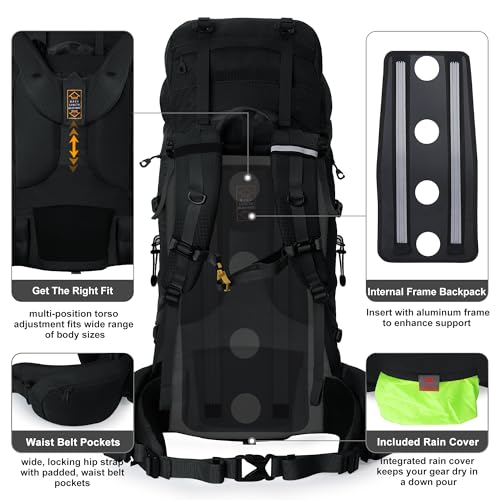 N NEVO RHINO Internal Frame Hiking Backpack 50/60/65/70/80L with Rain Cover | Backpacking Backpack with Padded Hip Belt, Multi-Pockets, Pole Loops, Waterproof Daypack for Men Women Climbing Camping - color: 21 Black, size: 75+5L