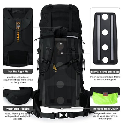 N NEVO RHINO Internal Frame Hiking Backpack 50/60/65/70/80L with Rain Cover | Backpacking Backpack with Padded Hip Belt, Multi-Pockets, Pole Loops, Waterproof Daypack for Men Women Climbing Camping - color: 21 Black, size: 75+5L