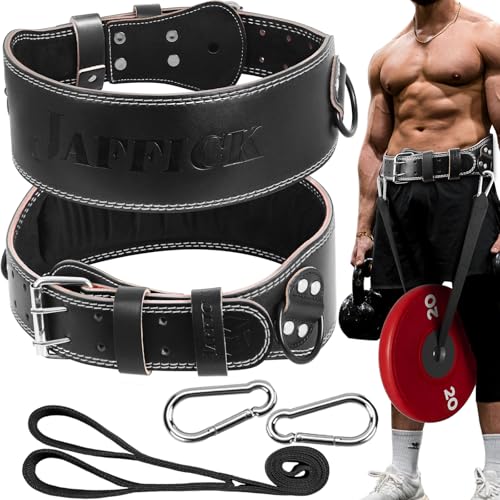 Jaffick Leather Weight lifting belt & 2-in-1 Dip Belt with Rope for Weightlifting Pull Up Gym Powerlifting Squat Bodybuilding Waist Support for Men Women - size: L