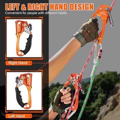 UIAA & CE Certified Rope Ascender Aluminum Alloy Rock Climbing Gear Strong Rigging Rappelling Equipment for Rock Tree Climbing Arborist Rescue Mountaineering Caving - color: Right Hand Orange 1