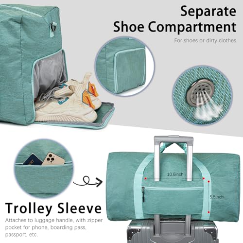 65L Foldable Duffle Bag with Shoe Compartment - Large Travel Duffel Bag for Men & Women, Packable Weekend Bag with Trolley Sleeve, Water-Resistant & Lightweight Gym Bag for Travel, Sports（Green） - color: Green