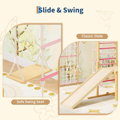 PeakPursuit 8-in-1 Indoor Jungle Gym for Kids Ages 3-10 – Wooden Climbing Structure with Slide, Swing, Monkey Bars, Gymnastic Rings, Climbing Rope – Indoor Playground Toy – Natural Wood Color
