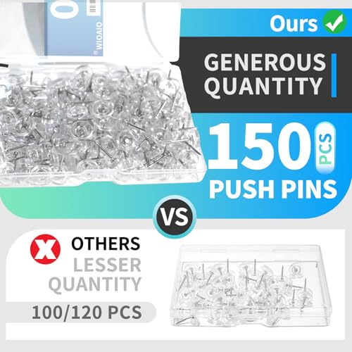 150 PCS Clear Push Pins Tacks Count in Reusable Box for Bulletin Boards and Wall Displays Heavy Duty Plastic Head - color: Clear