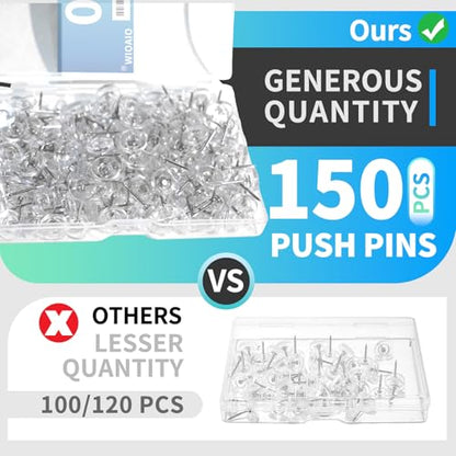 150 PCS Clear Push Pins Tacks Count in Reusable Box for Bulletin Boards and Wall Displays Heavy Duty Plastic Head - color: Clear