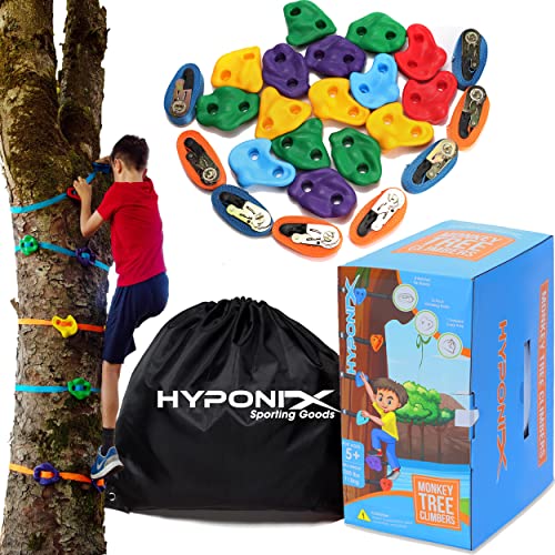 Hyponix Ninja Tree Climbing Kit – 16 Large Rock Holds & 8 Ratchets, 10-Minute Setup, Thicker Textured Grips, Supports 250lbs, CPC Certified Safety, Portable Bag – Backyard Fun & Ideal Gift for Kids - style: Monkey Tree Climbers 2.0