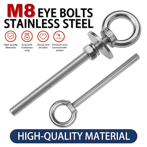 4 Pack M8 Stainless Steel Eye Bolts with Nuts,5/16" x 4" Eye Bolts | 304 Stainless Steel Eye Bolt,Eye Bolts Heavy Duty for Hang Tie Down Outdoor,m8 eye bolt,Long Lifting Ring Eye Bolt - size: M8x102mm (5/16"x4")