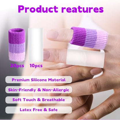 20 PCS Crochet Finger Guard and 10 PCS Gel Finger Sleeve Protectors | Breathable and Non-slip Elastic Finger Covers Compression for for knitting crocheting writing, fit various finger sizes