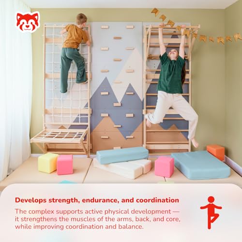 Wood And Hearts 4in1 Modular Swedish Wall Gym Set for Kids Indoor Active Play – Wooden Swedish Ladder with Adjustable Pull-Up Bar, Rope Climbing Wall & Rock Climbing Panels (Base Set + Sit-Up Bar) - style: Base Set + Sit-Up Bar