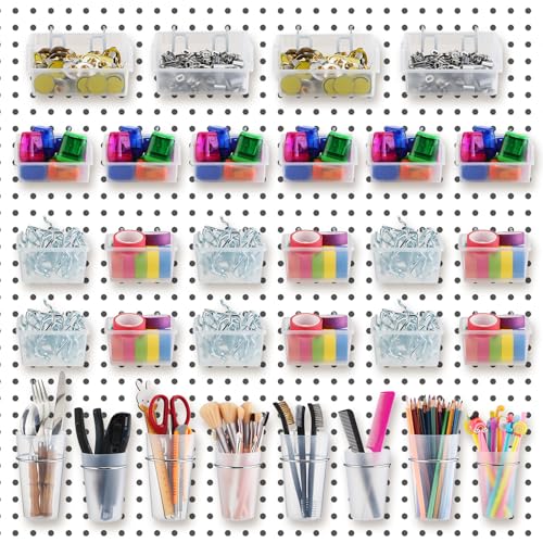 Roowest 60 Pcs Pegboard Cups Pegboard Bins Set, Wall Organizer with Hooks and Loops, Hooks Assortment Organizer Accessory for Office Storage Garage Craft Workshop(Clear) - color: Clear