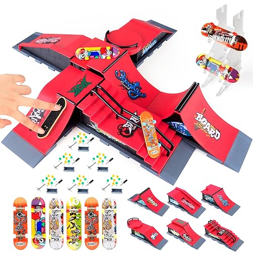 Finger Skateboard Ramps Set, 6 in 1 Fingerboard Skatepark Deck for Training Skate Park Kit with 6 Skateboards, 6 Fingerboard Ramps & Display Holder, Mini Finger Accessories Set Girls Boys Gifts